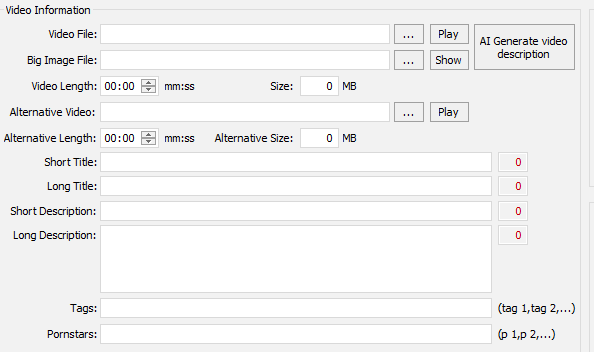 Tube Sites Submitter — Video Information panel with short and long titles, descriptions, tags and the AI Generate video description button