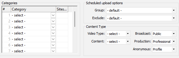 Tube Sites Submitter — per-video categories with tube site mapping, scheduled upload options and content type