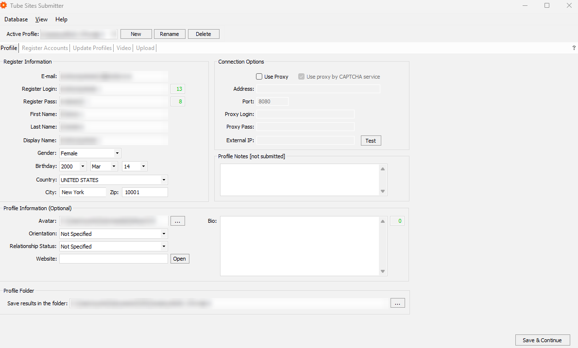 Tube Sites Submitter — Profile tab with register information and the Connection Options panel containing proxy and CAPTCHA service settings