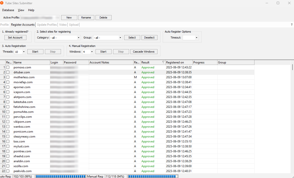 Tube Sites Submitter — Register Accounts tab with registration results per tube site