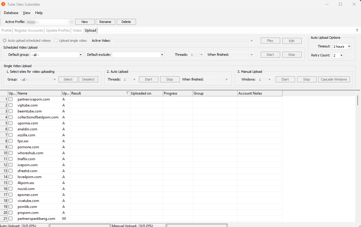 Tube Sites Submitter — Upload tab with the tube site list, results and progress